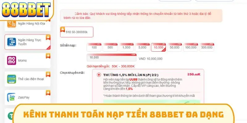 Kênh thanh toán nạp tiền 88Bbet đa dạng